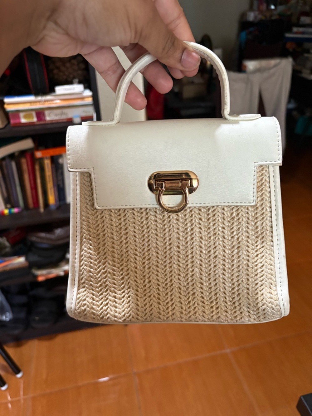 Woven Straw Top-Handle Satchel in Cream Forever 21